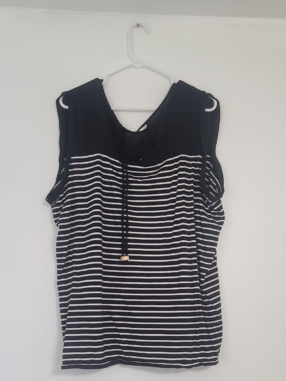 Anne Klein Sleeveless Black & White Striped Drawstring Top